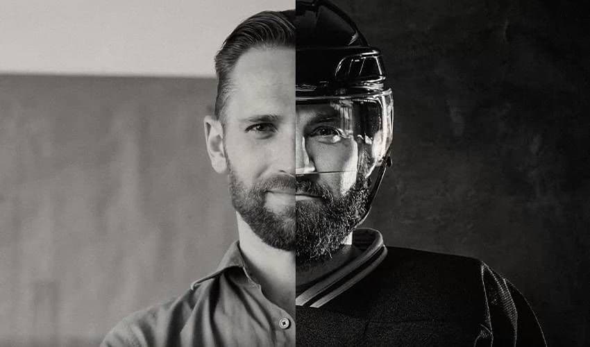 Split image of a hockey player half dressed in gear and half in casual clothes